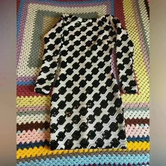 Dress the Population Lola Black Ivory Sequined Checkered  Cocktail Mini Dress XS - Picture 1 of 6